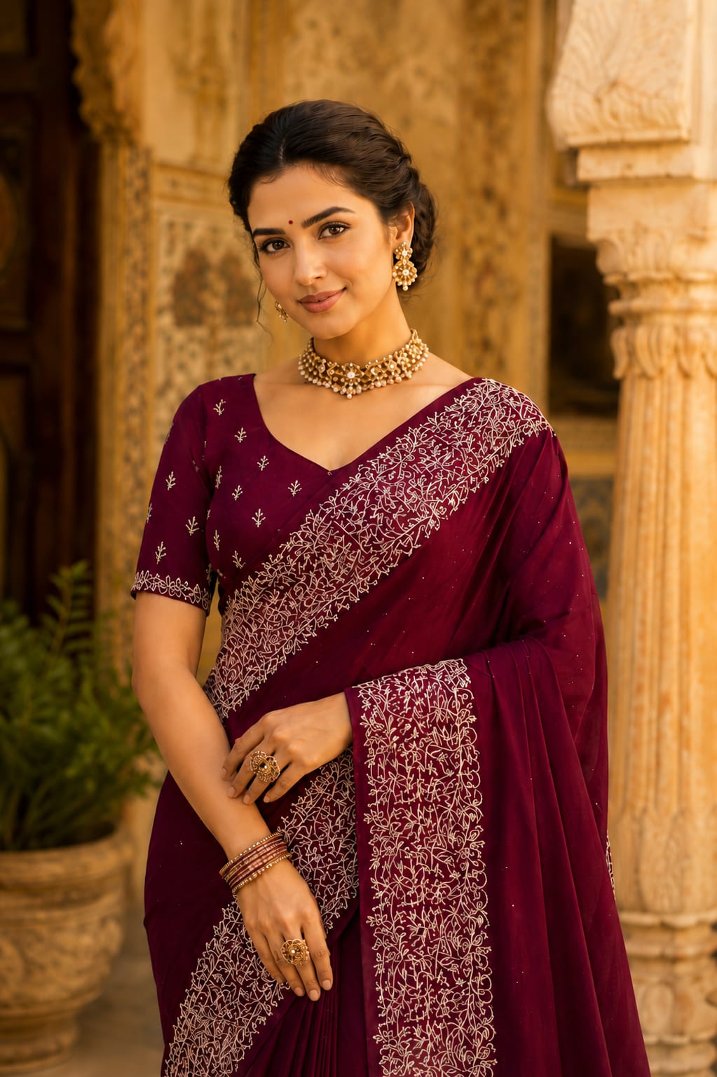 KcPc Latest Heavy Blooming Vichitra Silk Embroidery Saree HM Wine