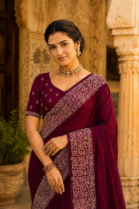 KcPc Latest Heavy Blooming Vichitra Silk Embroidery Saree HM Wine