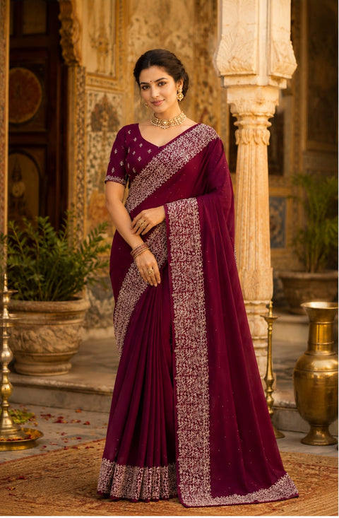 KcPc Latest Heavy Blooming Vichitra Silk Embroidery Saree HM Wine