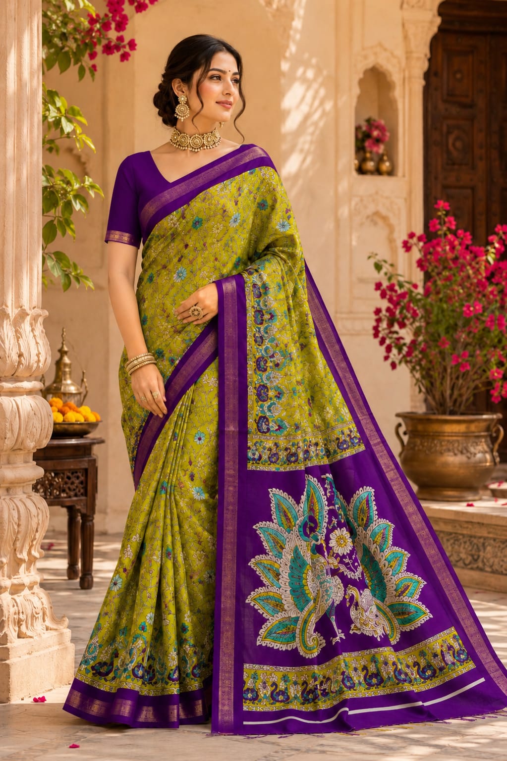 Kcpc Premium Georgette Kalamkari Saree with Zari Border ASH