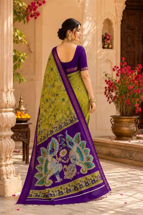 Kcpc Premium Georgette Kalamkari Saree with Zari Border   ASH