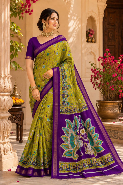Kcpc Premium Georgette Kalamkari Saree with Zari Border   ASH