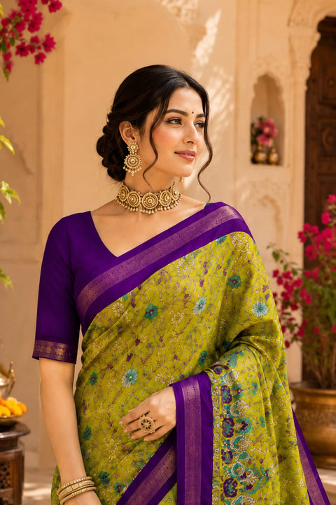 Kcpc Premium Georgette Kalamkari Saree with Zari Border   ASH