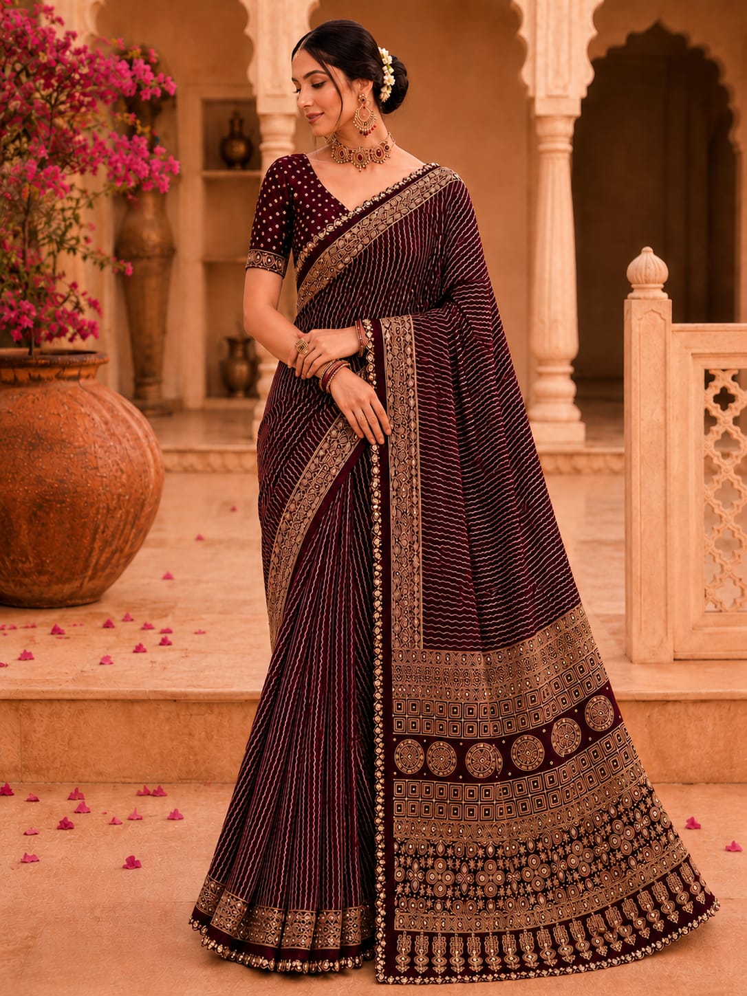 KcPc New Traditional Gaji Silk Ajrakh Saree with Elegant Mirror WorkSVD