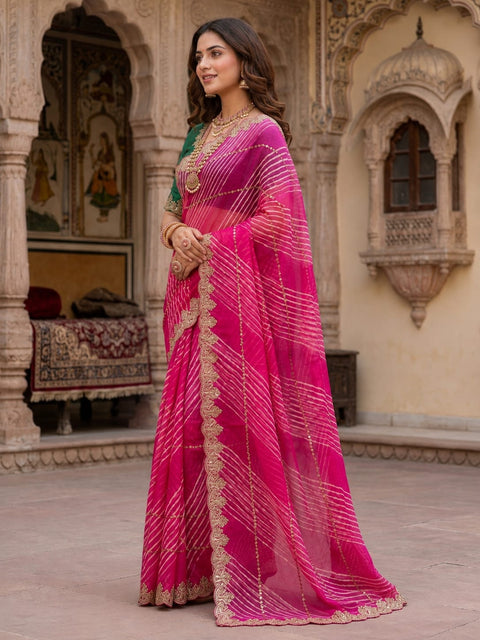 KcPc Georgette Leheriya Saree with Heavy Beads Work  SWA