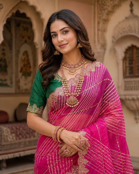 KcPc Georgette Leheriya Saree with Heavy Beads Work  SWA