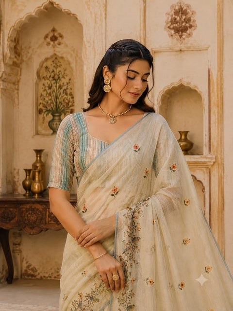 KcPc Designer Cotton Silk Kalamkari Saree with Stone Work  GAN