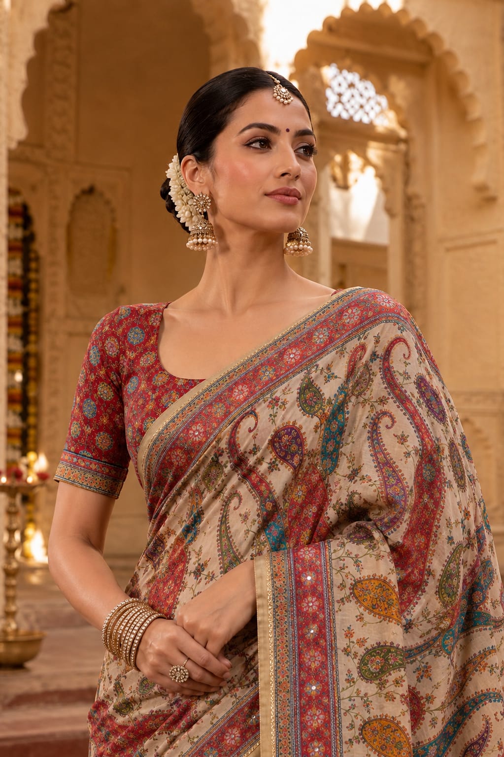 KcPc Premium Georgette Printed Saree with Mirror Work