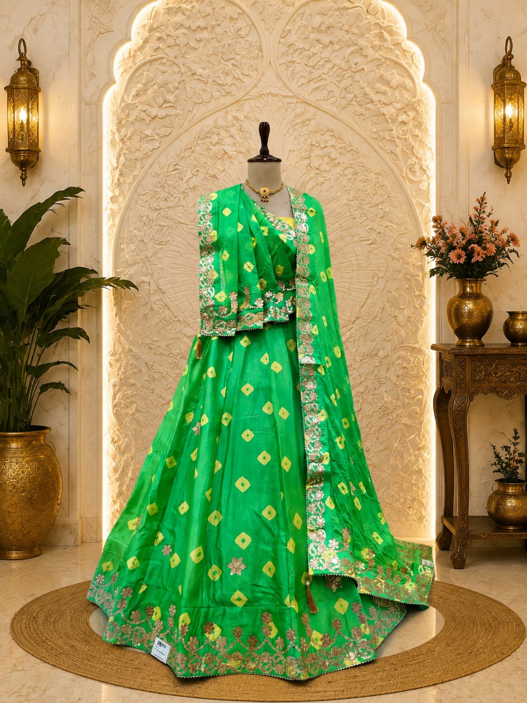 KcPc New Elegant Bandhani Style Chinon Silk Lehenga with Hand Gotapatti Work SSB