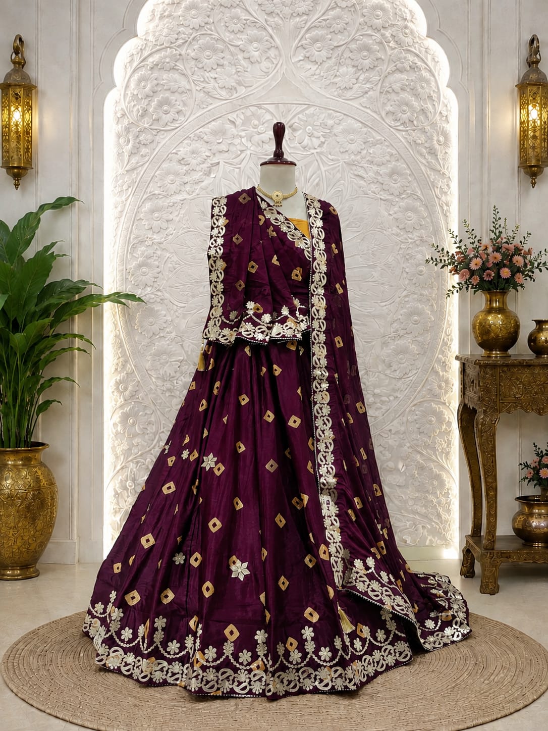 KcPcChinon Silk Bandhani Lehenga Set Elegant Gotapatti Detailing for Festive Occasions SSB