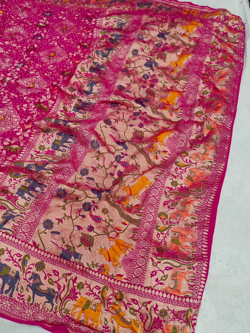 KcPc Traditional Kalamkari Style Pure Khaddi Georgette Saree with Zari WorkASIF
