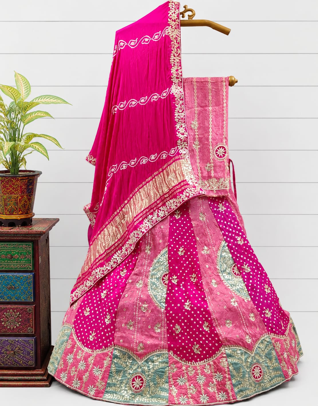 KcPc New BeautifulGaji Silk Bandhani Style With Gotapatti & Zardoji Work Lehenga MAD