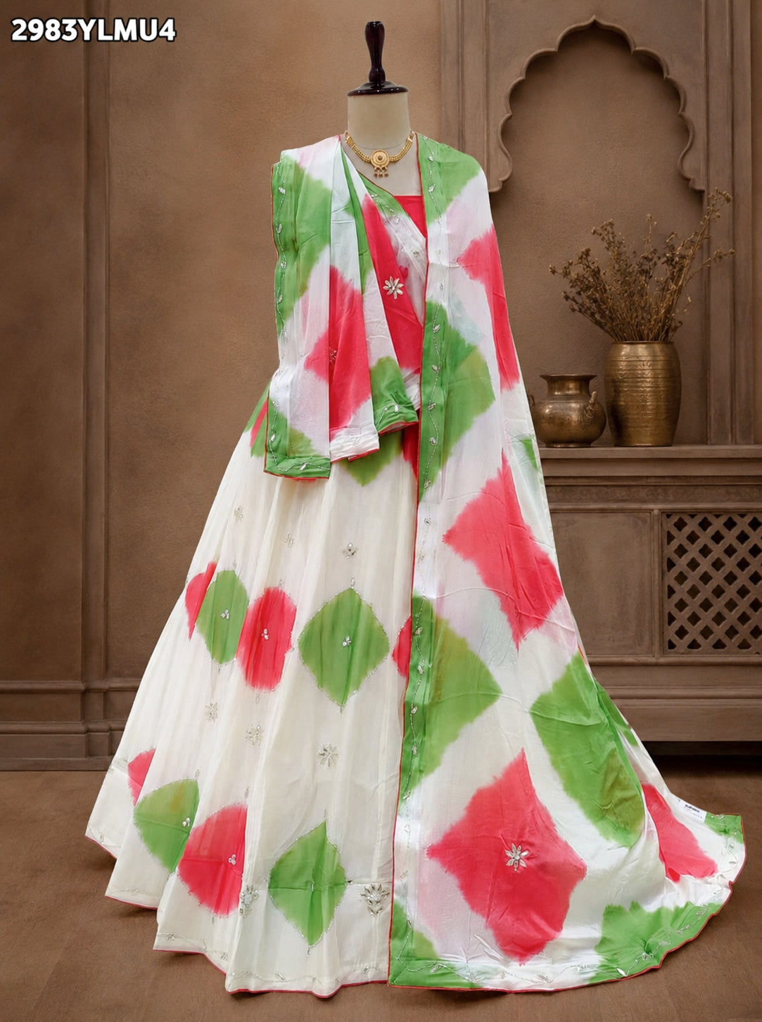 KcPc New Designer Shibori Style Chinon Silk Lehenga with Intricate Cutdana Gotapatti WorkGSM