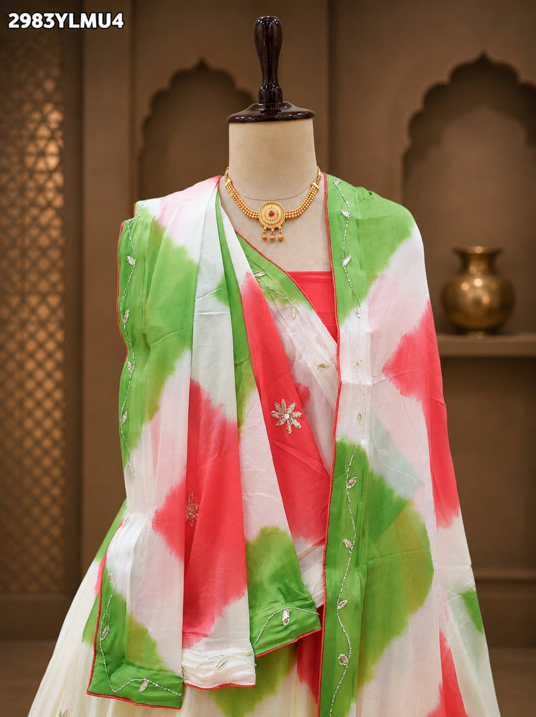 KcPc New Designer Shibori Style Chinon Silk Lehenga with Intricate Cutdana Gotapatti WorkGSM