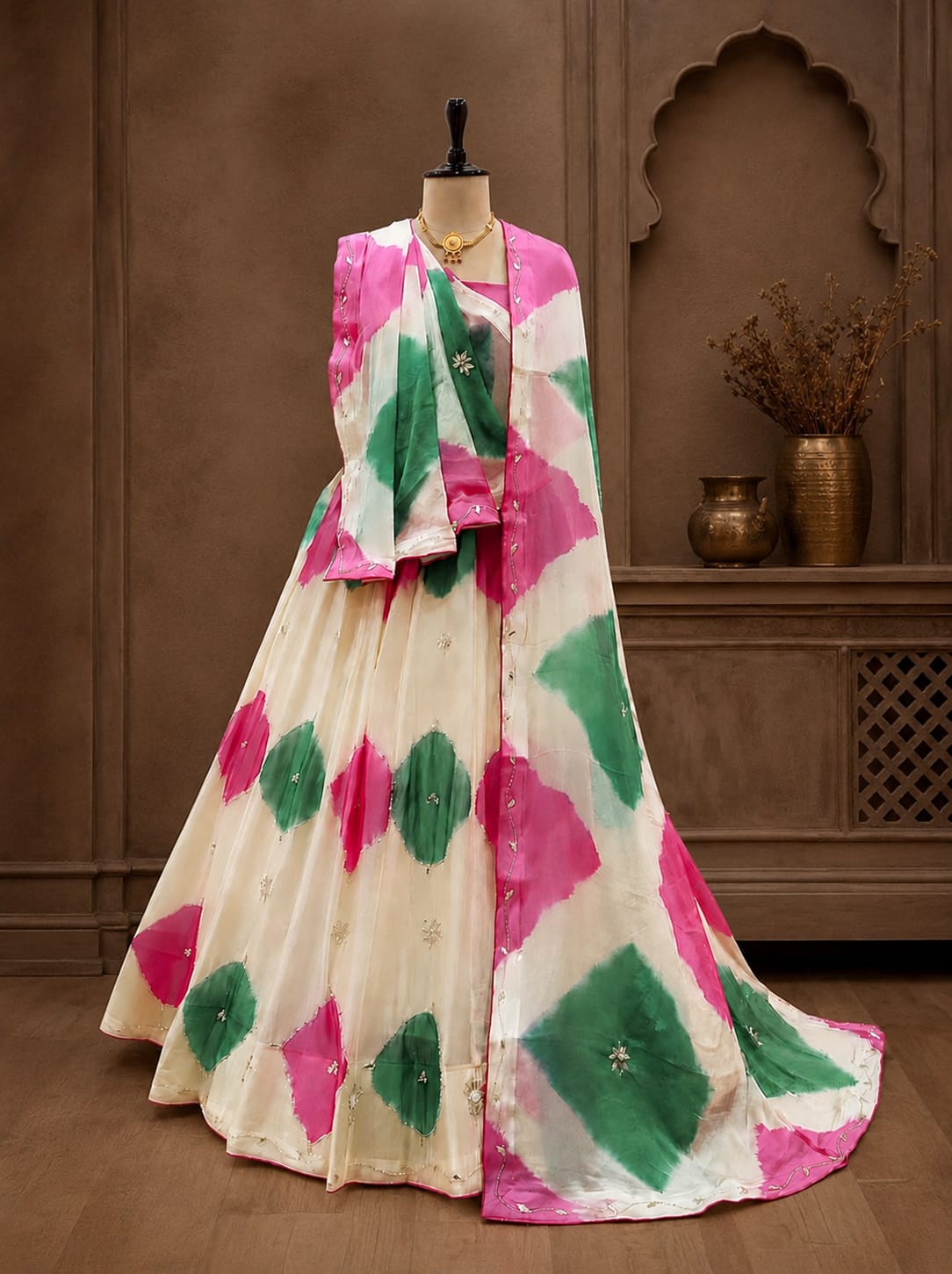 KcPc New Handcrafted Chinon Silk Lehenga Featuring Shibori Design and Gotapatti DetailingGSM