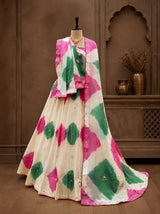 KcPc New Handcrafted Chinon Silk Lehenga Featuring Shibori Design and Gotapatti DetailingGSM