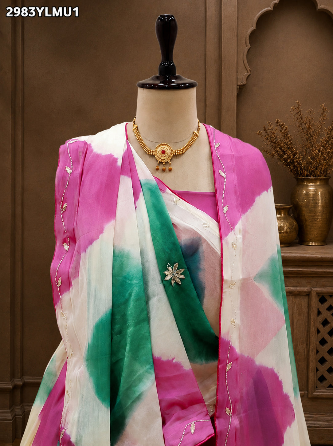 KcPc New Handcrafted Chinon Silk Lehenga Featuring Shibori Design and Gotapatti DetailingGSM