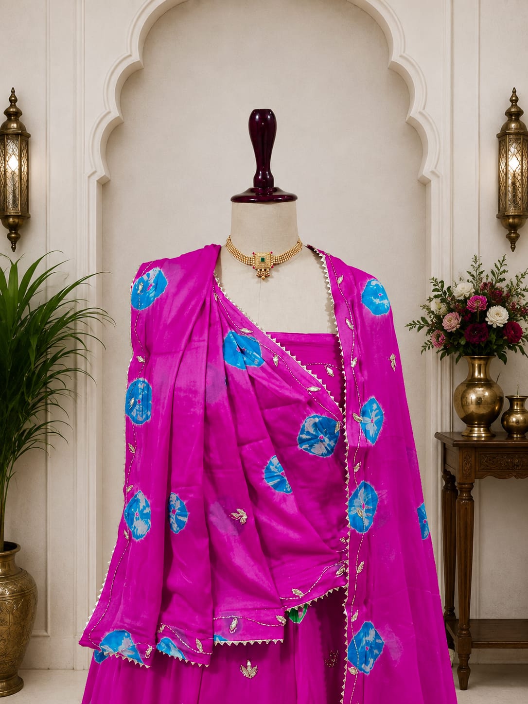 KcPc New Traditional Shibori Style Chinon Silk Lehenga with Cutdana HandworkGSM