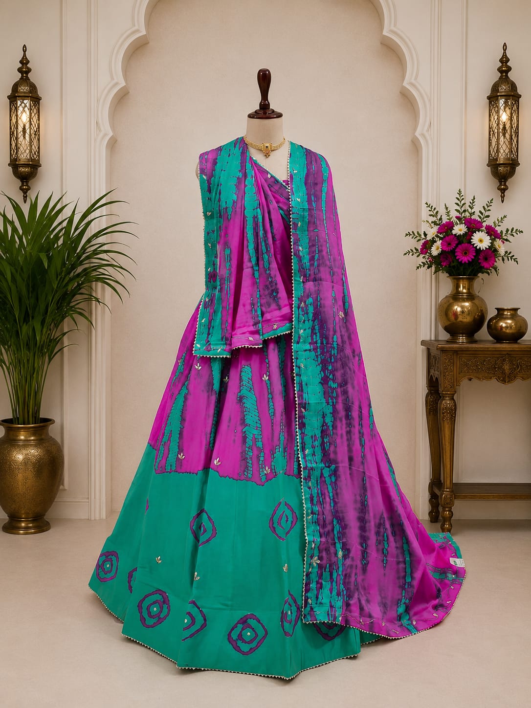 KcPc New Exquisite Chinon Silk Lehenga with Shibori Pattern & Cutdana Work for Celebrations GSM