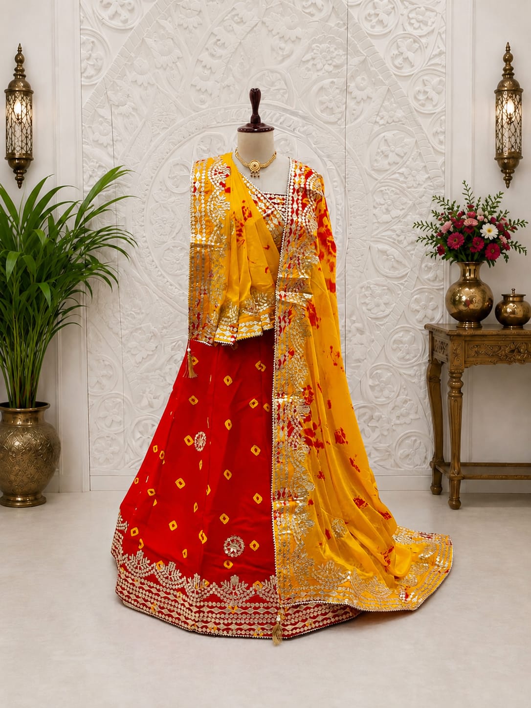 KcPc New Traditional Bandhani Style Chinon Silk Lehenga with Handcrafted Gota Patti SSB