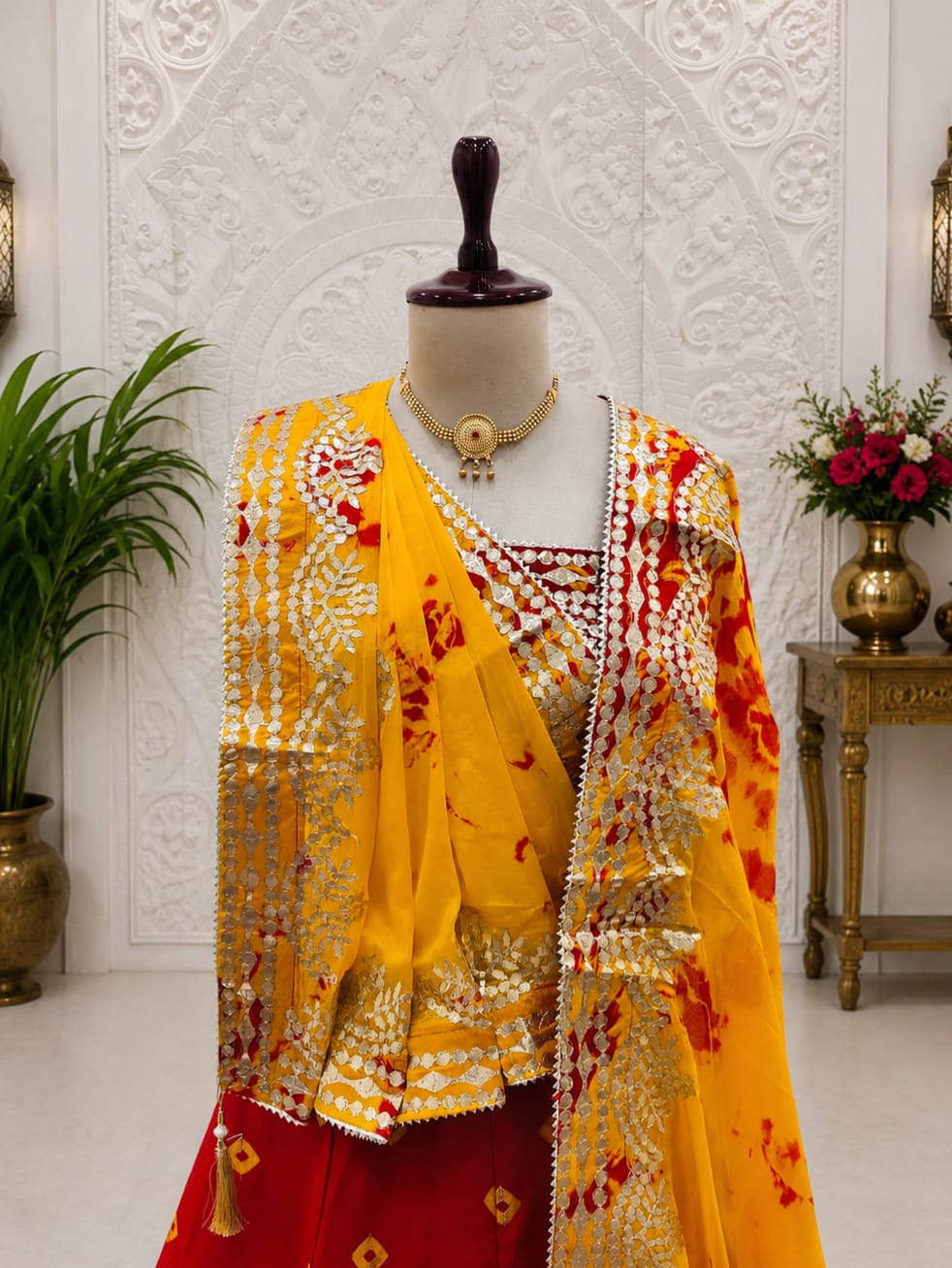 KcPc New Traditional Bandhani Style Chinon Silk Lehenga with Handcrafted Gota Patti SSB