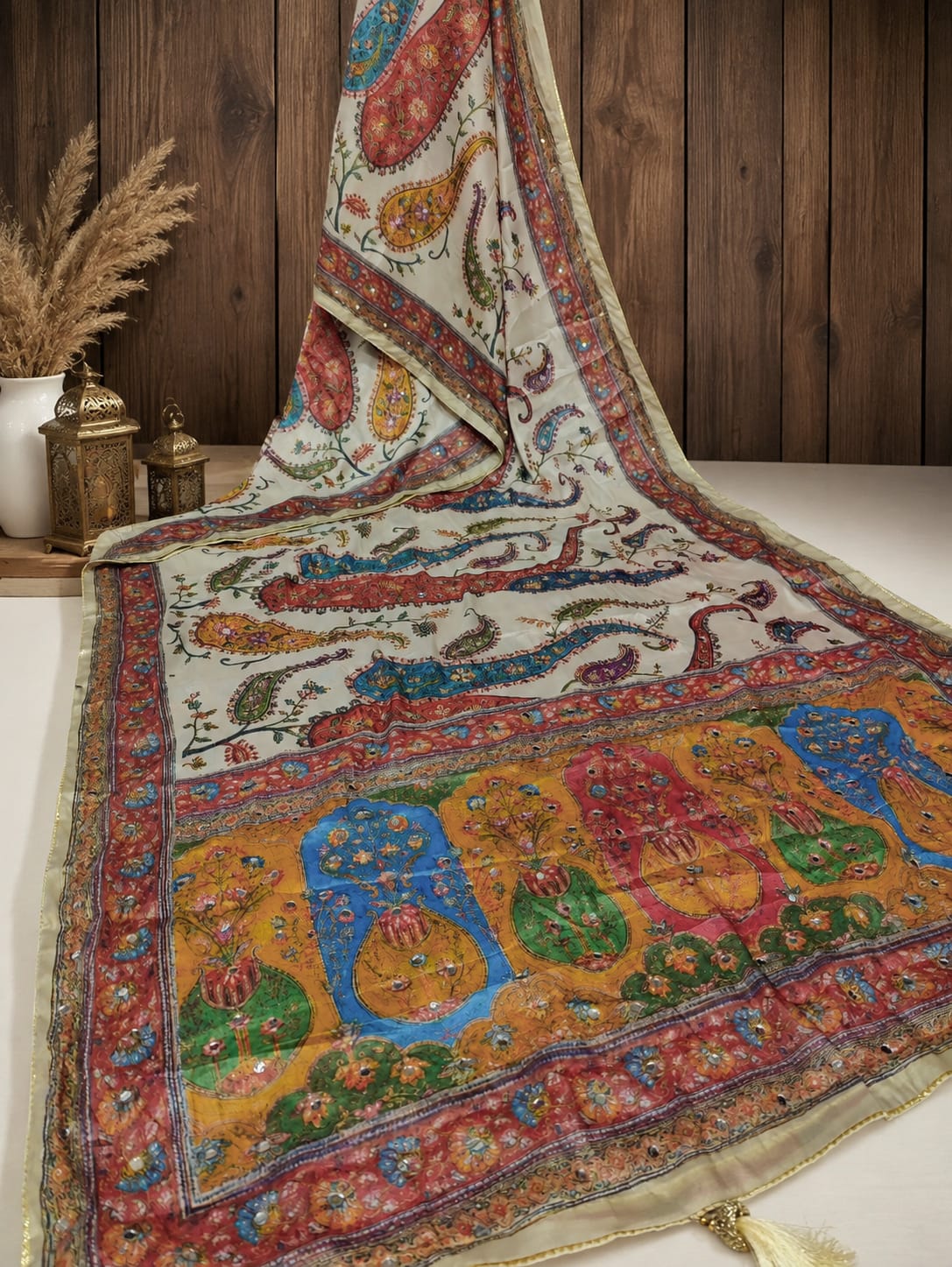KcPc Premium Chinon Printed Saree with Mirror Work