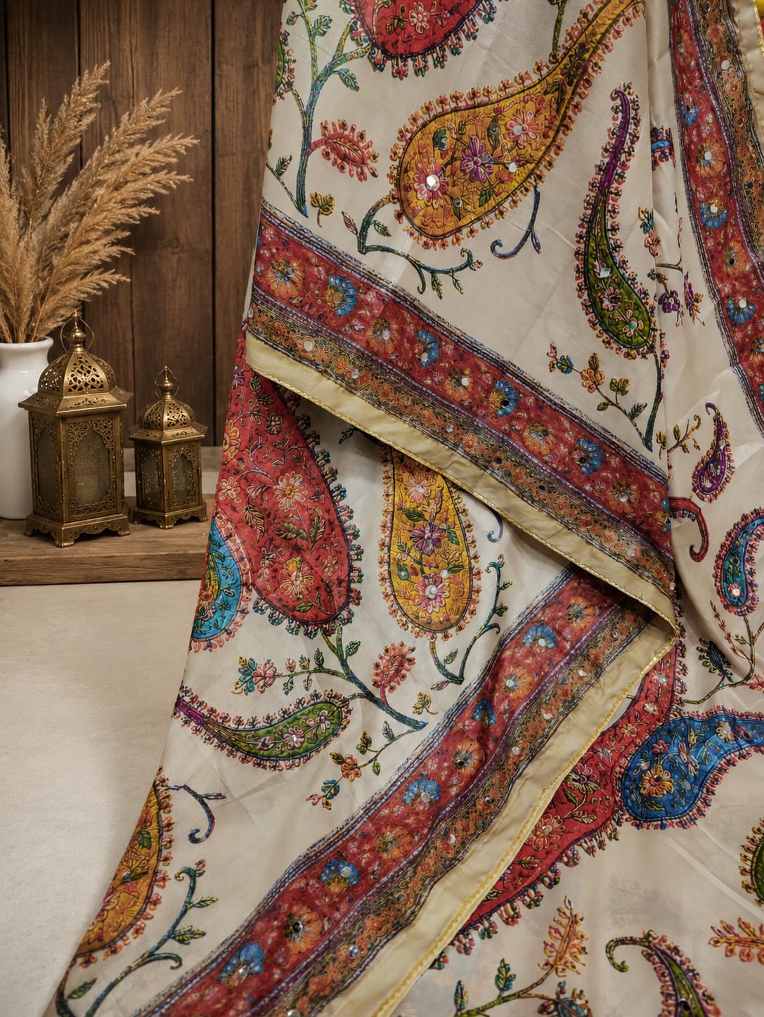 KcPc Premium Chinon Printed Saree with Mirror Work