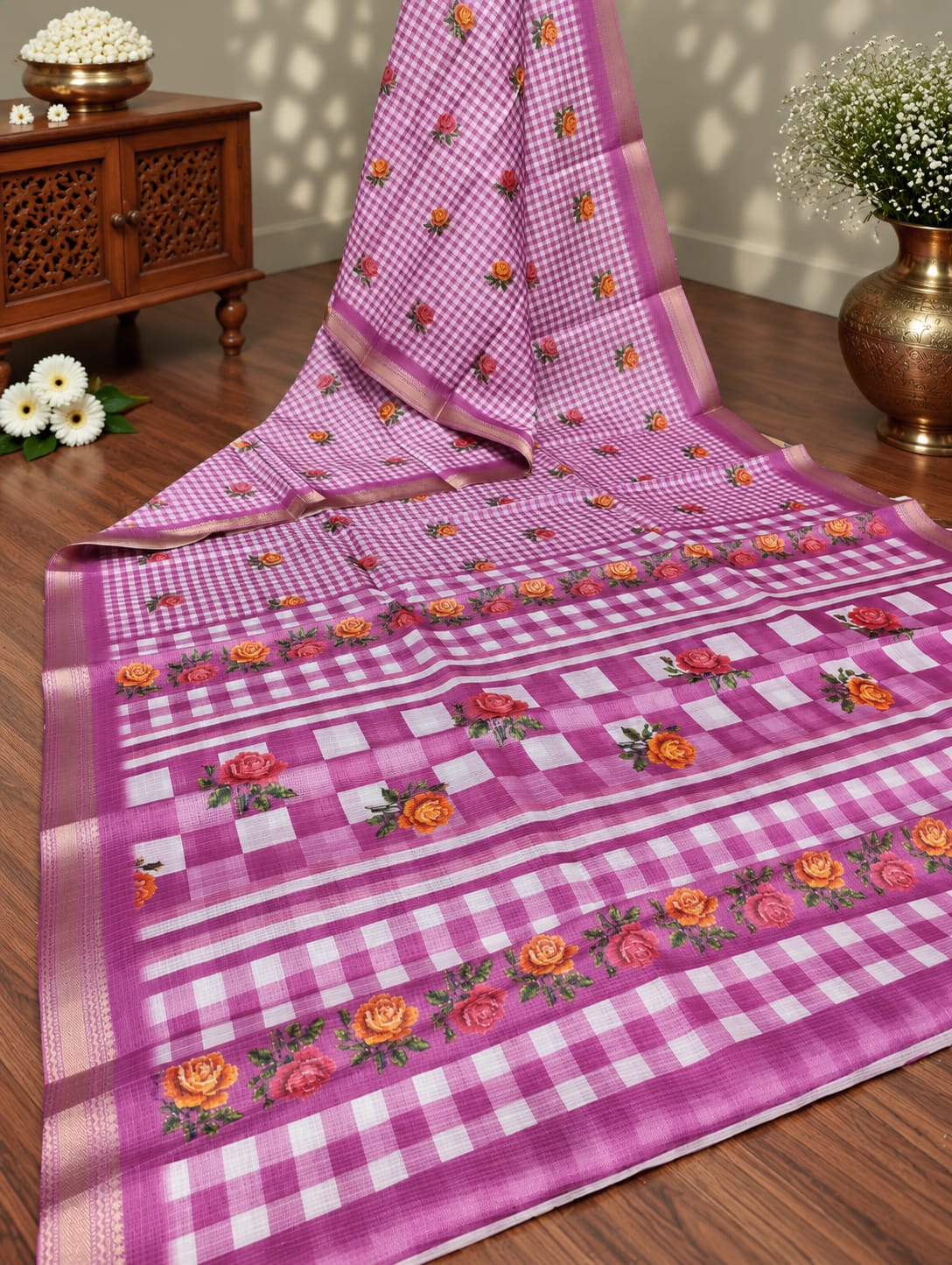 KcPcElegant Casual Wear Kota Doria Saree with Zari Border DetailingSWA