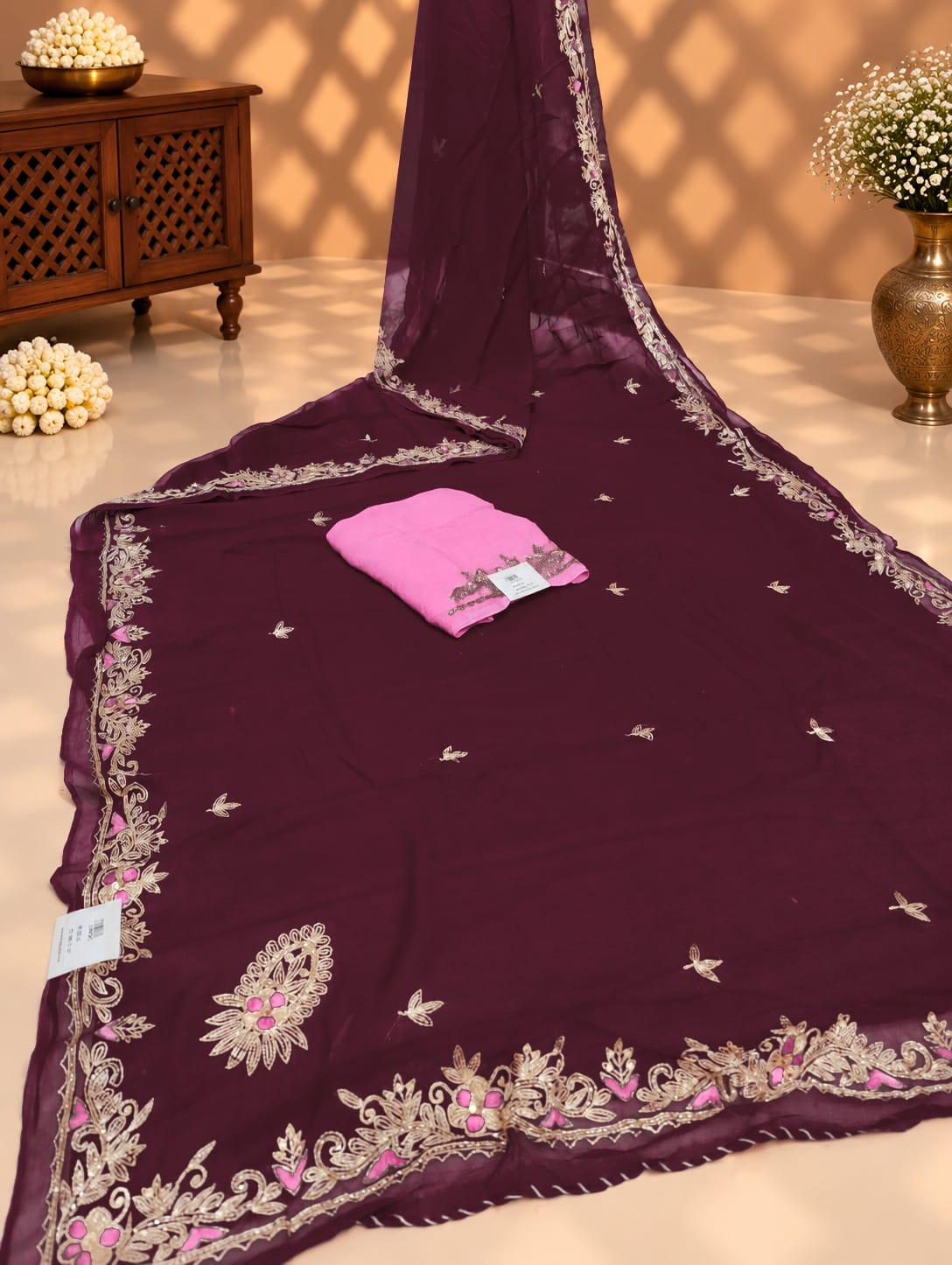 KcPc Diamond chiffon Mukesh Work Jaipuri TraditionalRajputi Saree VND