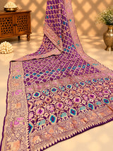 KcPc Pure Figure Design Khaddi Georgette Janglaw Bandhani Neemzari SareePurple