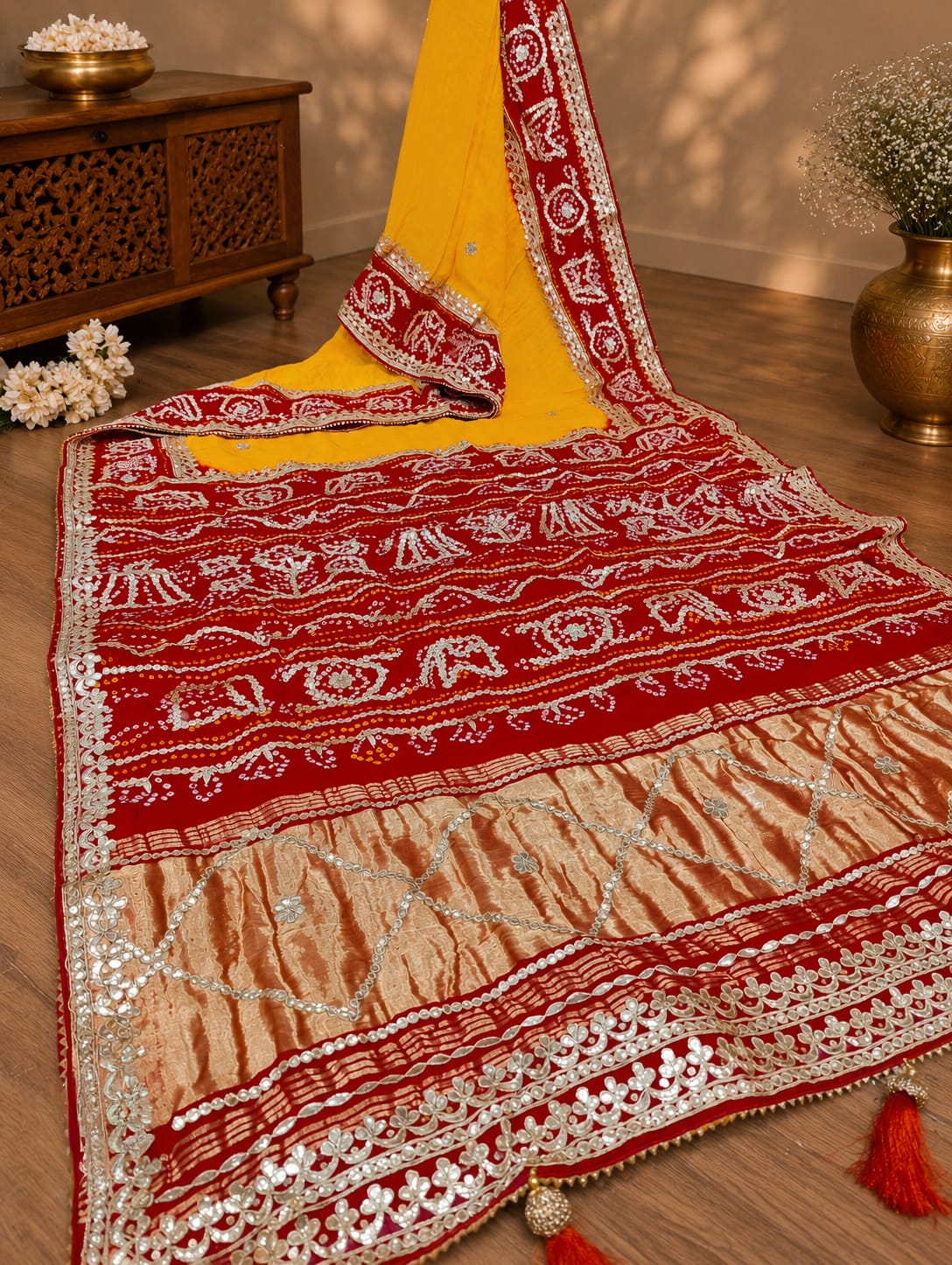 KcPc Pure Gaji Silk Handmade Bandhej Piliya Style Gotapatti Work Saree AMT Yellow