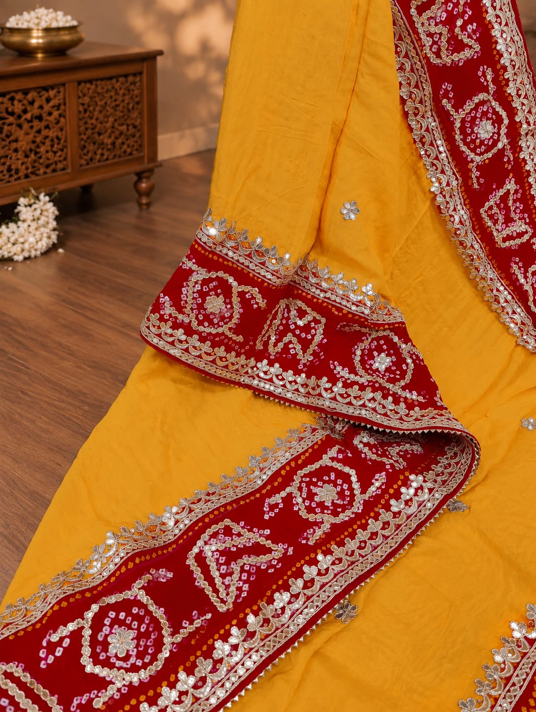KcPc Pure Gaji Silk Handmade Bandhej Piliya Style Gotapatti Work Saree AMT Yellow