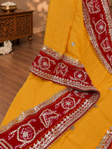 KcPc Pure Gaji Silk Handmade Bandhej Piliya Style Gotapatti Work Saree AMT Yellow