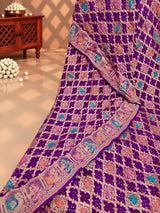 KcPc Pure Figure Design Khaddi Georgette Janglaw Bandhani Neemzari Saree Dark Purple