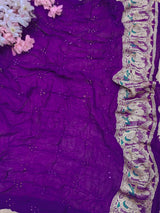 KcPc Pure Figure Design Khaddi Georgette Janglaw Bandhani Neemzari Saree Dark Purple