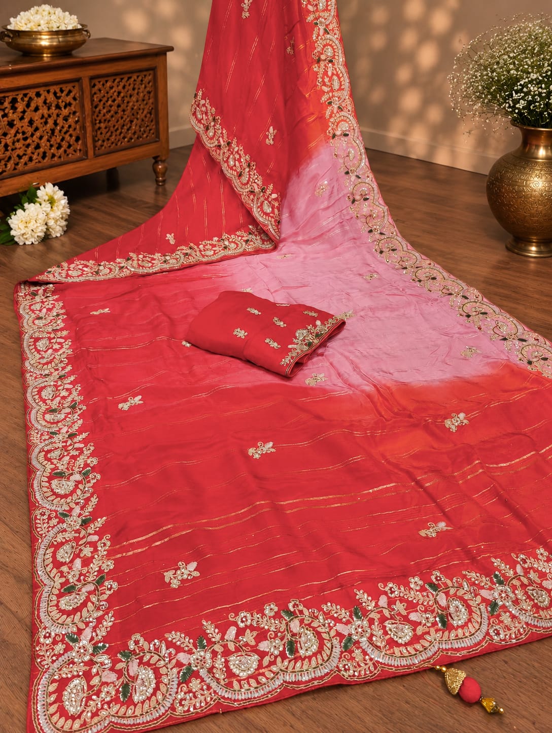 KcPc New Lounch H O Silk Double Shade Style Cutdana Work Saree PLK
