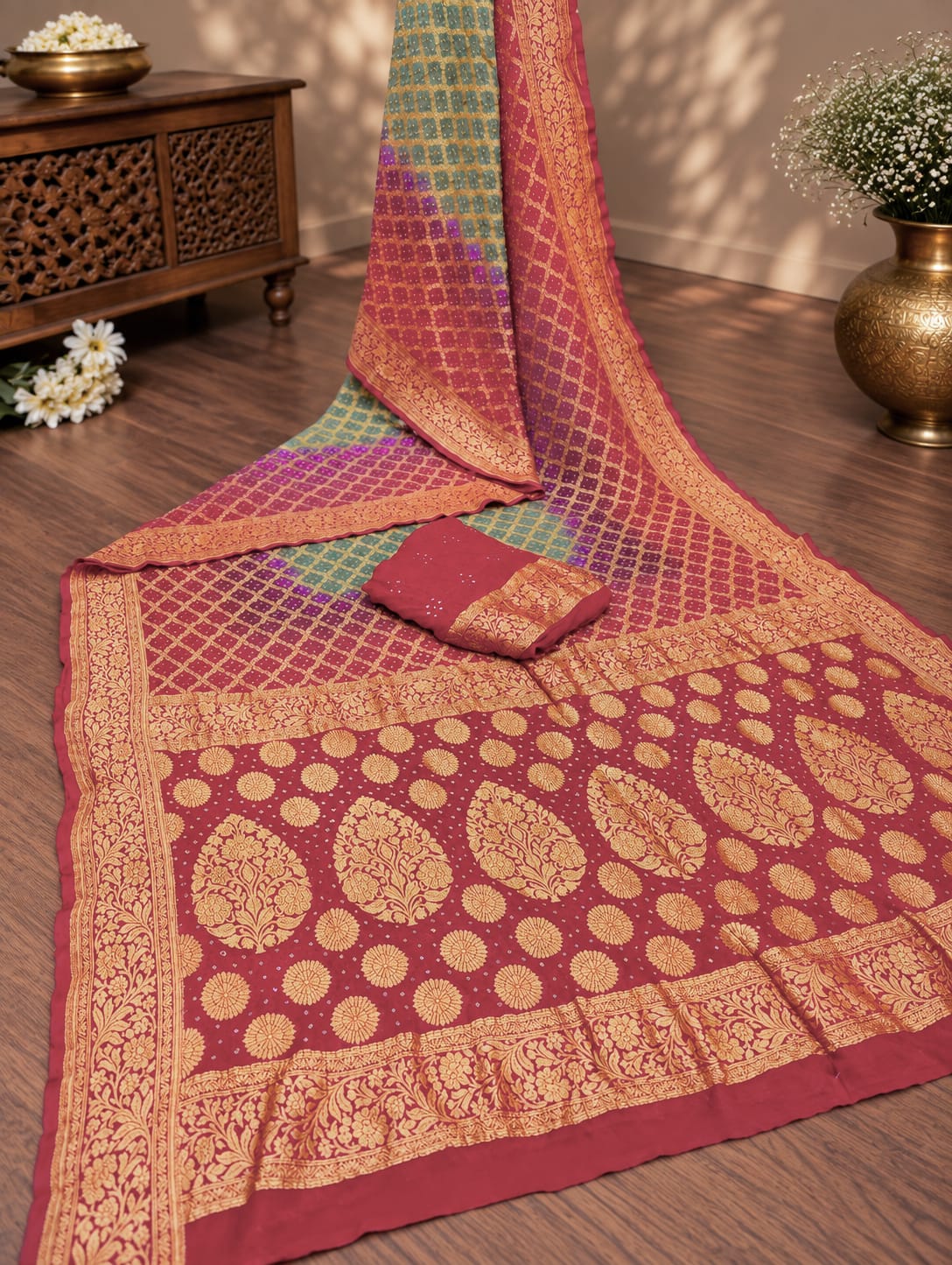KcPc New Launch Pure Khaddi Georgette Upada Neemzari Bandhej SareePista Pink