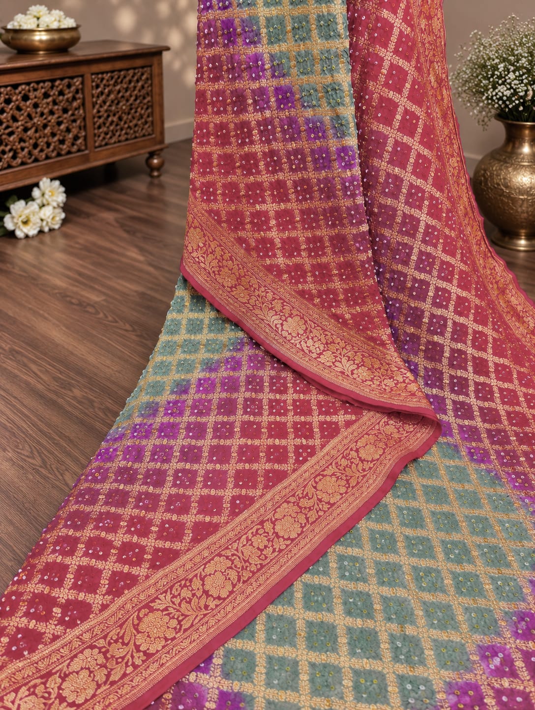 KcPc New Launch Pure Khaddi Georgette Upada Neemzari Bandhej SareePista Pink