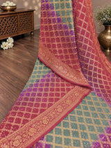 KcPc New Launch Pure Khaddi Georgette Upada Neemzari Bandhej SareePista Pink