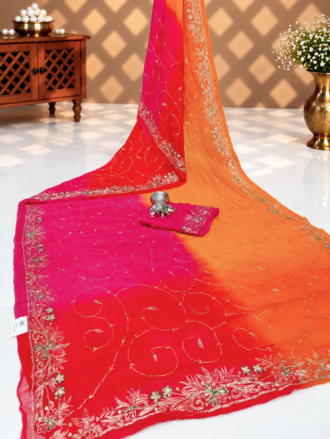 KcPc New Diamond Chiffon Mukesh work Jaipuri Traditional Rajputi saree VND
