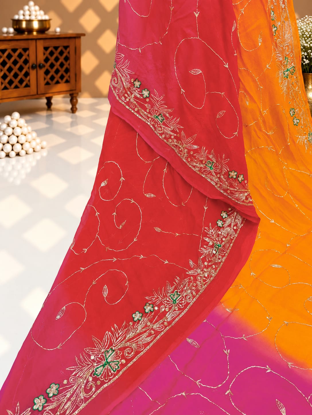 KcPc New Diamond Chiffon Mukesh work Jaipuri Traditional Rajputi saree VND