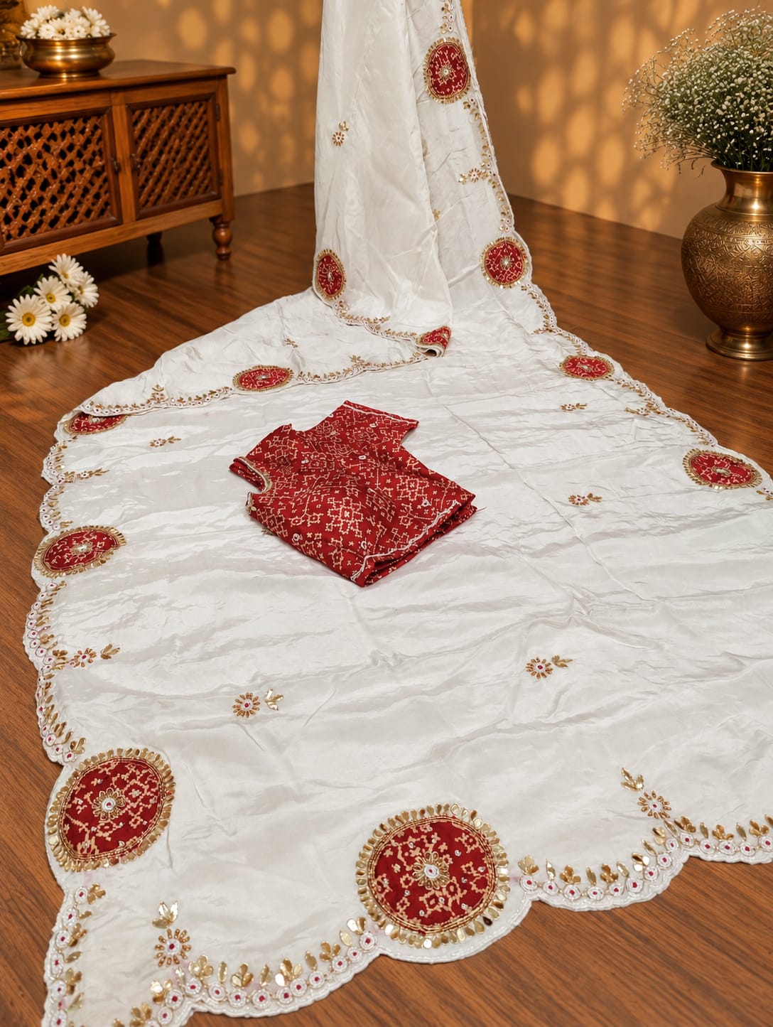 KcPc New Designer HO Silk Ajrakh Saree with Cutdana Mirror WorkSATISH