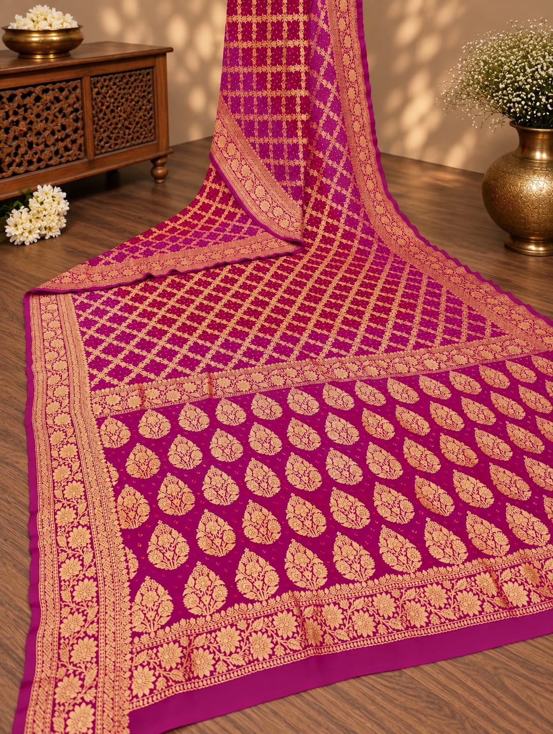 KcPc New Launch Pure Khaddi Georgette Upada Neemzari Bandhej SareeRed Rani