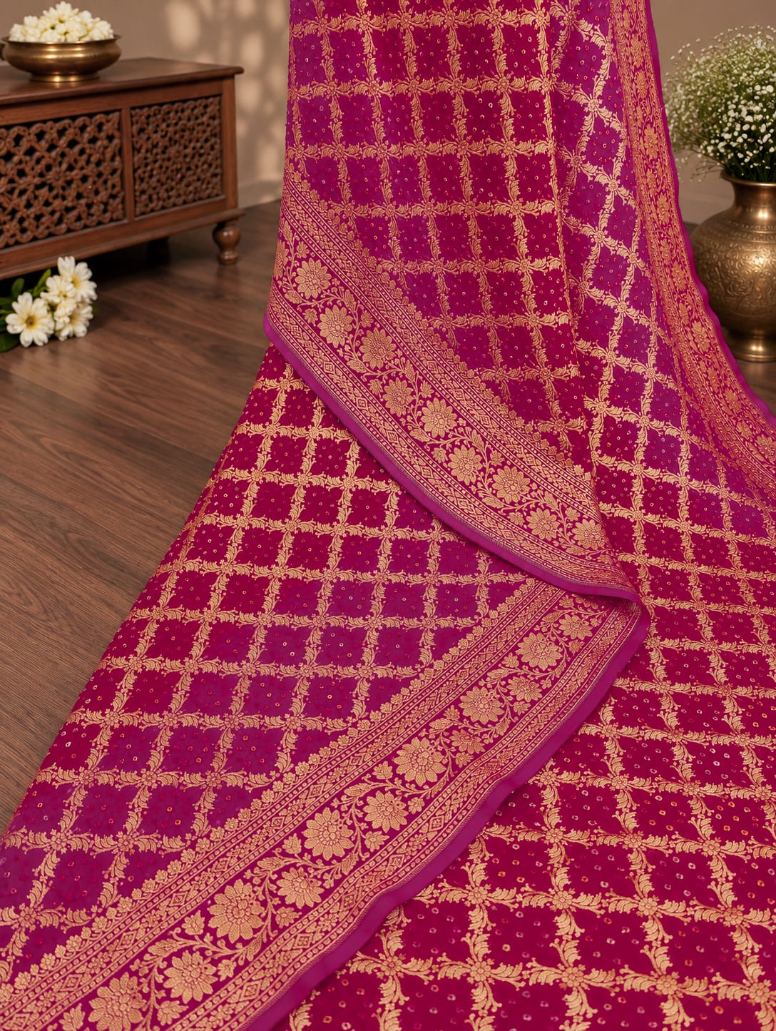 KcPc New Launch Pure Khaddi Georgette Upada Neemzari Bandhej SareeRed Rani