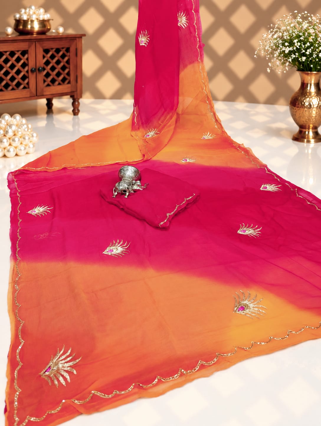 KcPc Pure Chiffon Jaipuri Saree With Zari Sequence Buti WorkVND