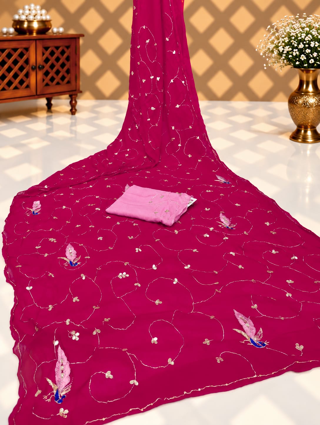 KcPc Pure Diamond Chiffon Mukes Work Rajputi Traditional Saree VND Rani