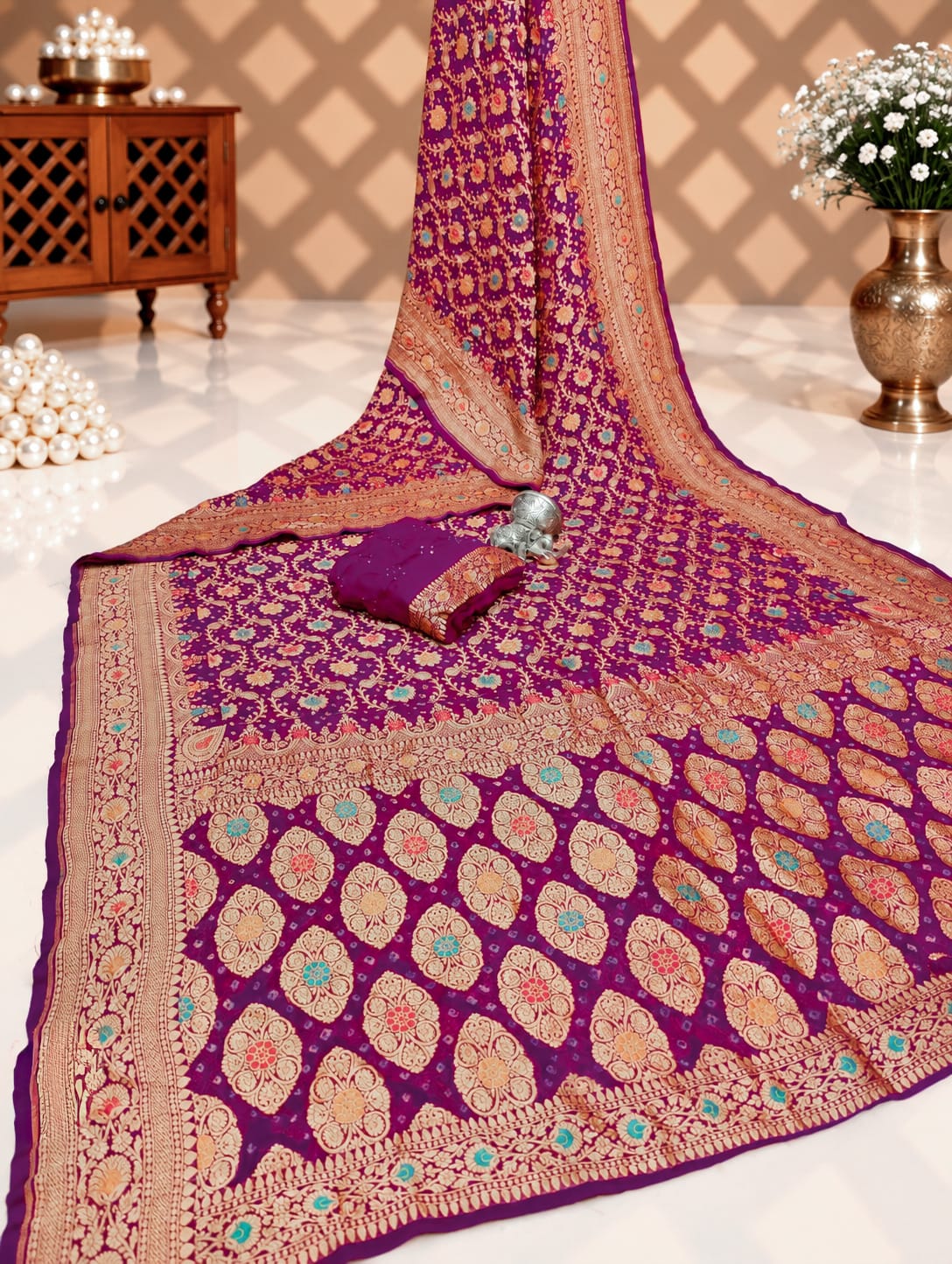 KcPc Originals Pure Meenakari Khaddi Georgette Upada Janglaw Bandhani Neemzari Saree Purple D1