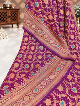 KcPc Originals Pure Meenakari Khaddi Georgette Upada Janglaw Bandhani Neemzari Saree Purple D1