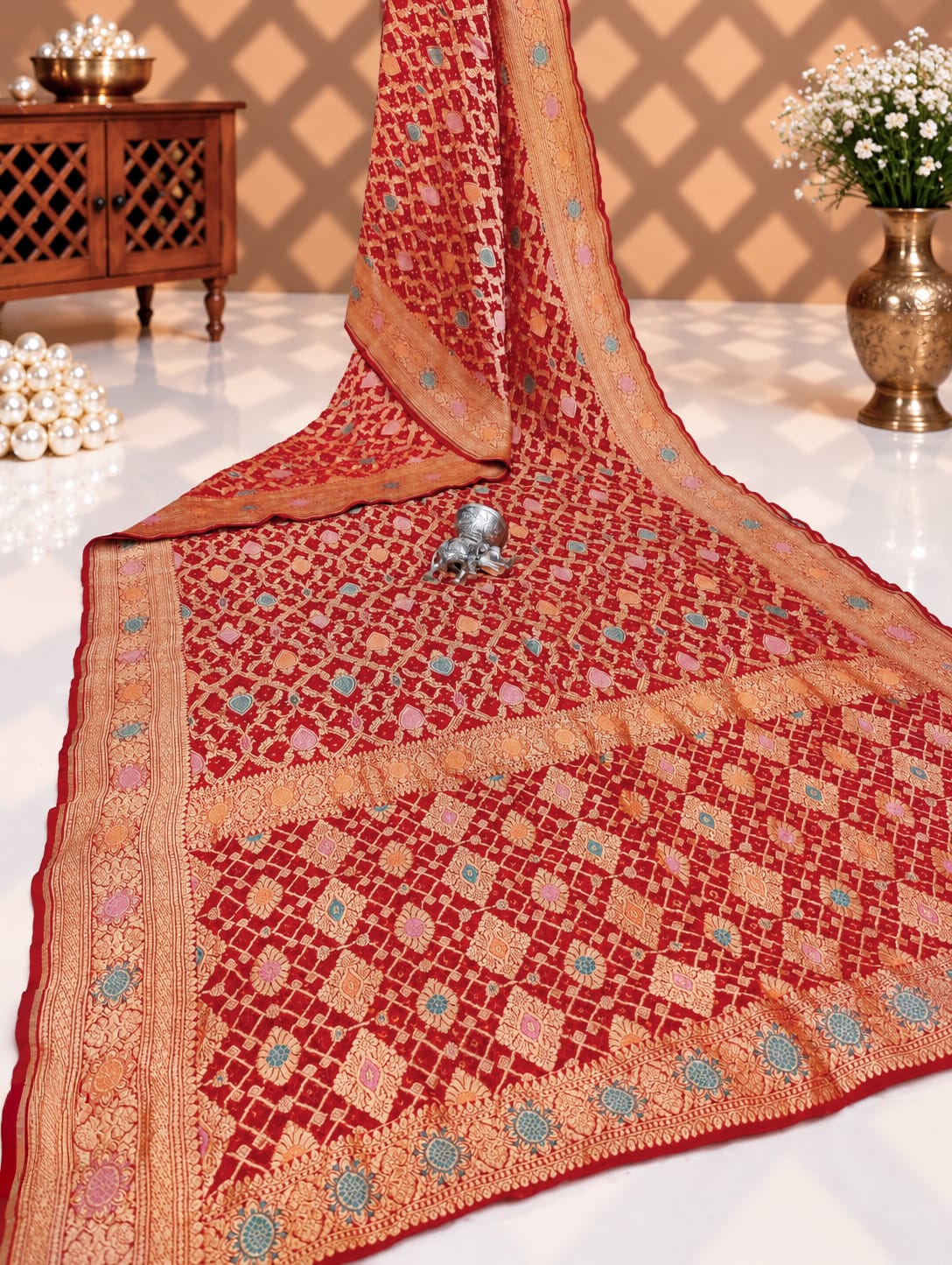 KcPc Originals Pure Meenakari Khaddi Georgette Upada Janglaw Bandhani Neemzari Saree Red