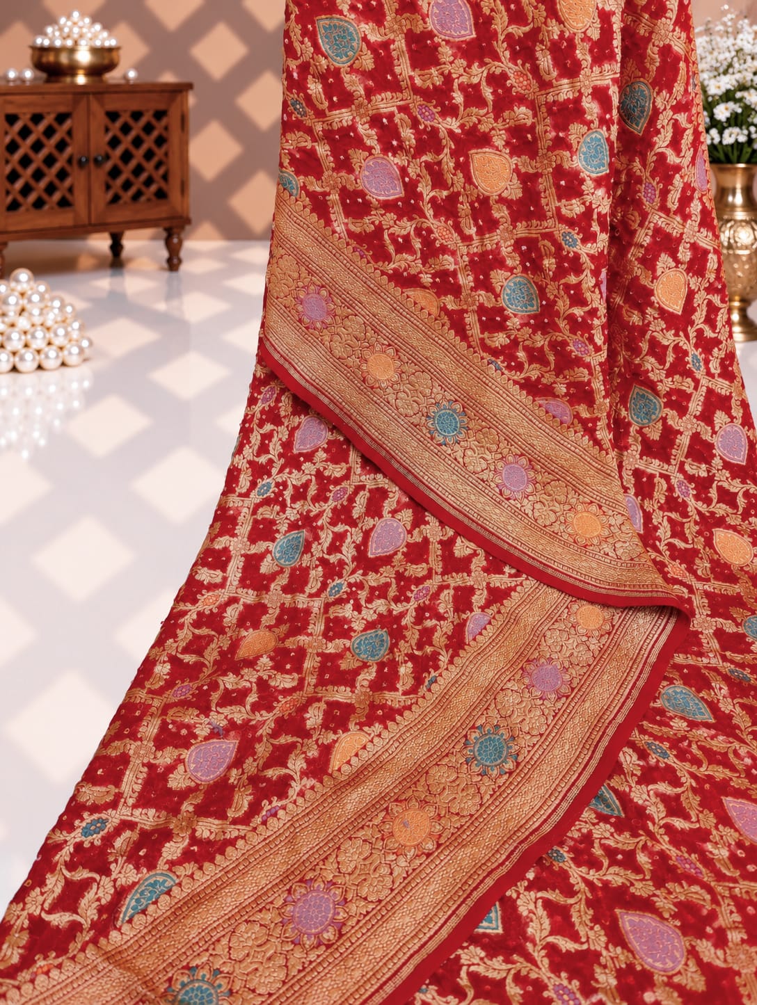 KcPc Originals Pure Meenakari Khaddi Georgette Upada Janglaw Bandhani Neemzari Saree Red